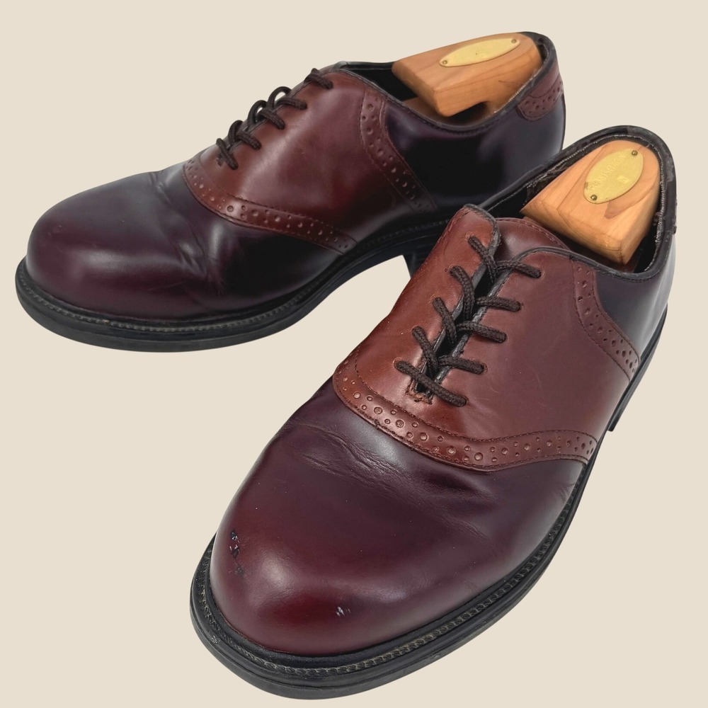 Vintage Nunn Bush Saddle Shoes Men 9.5M Burgundy Brown Leather Brogue Oxford